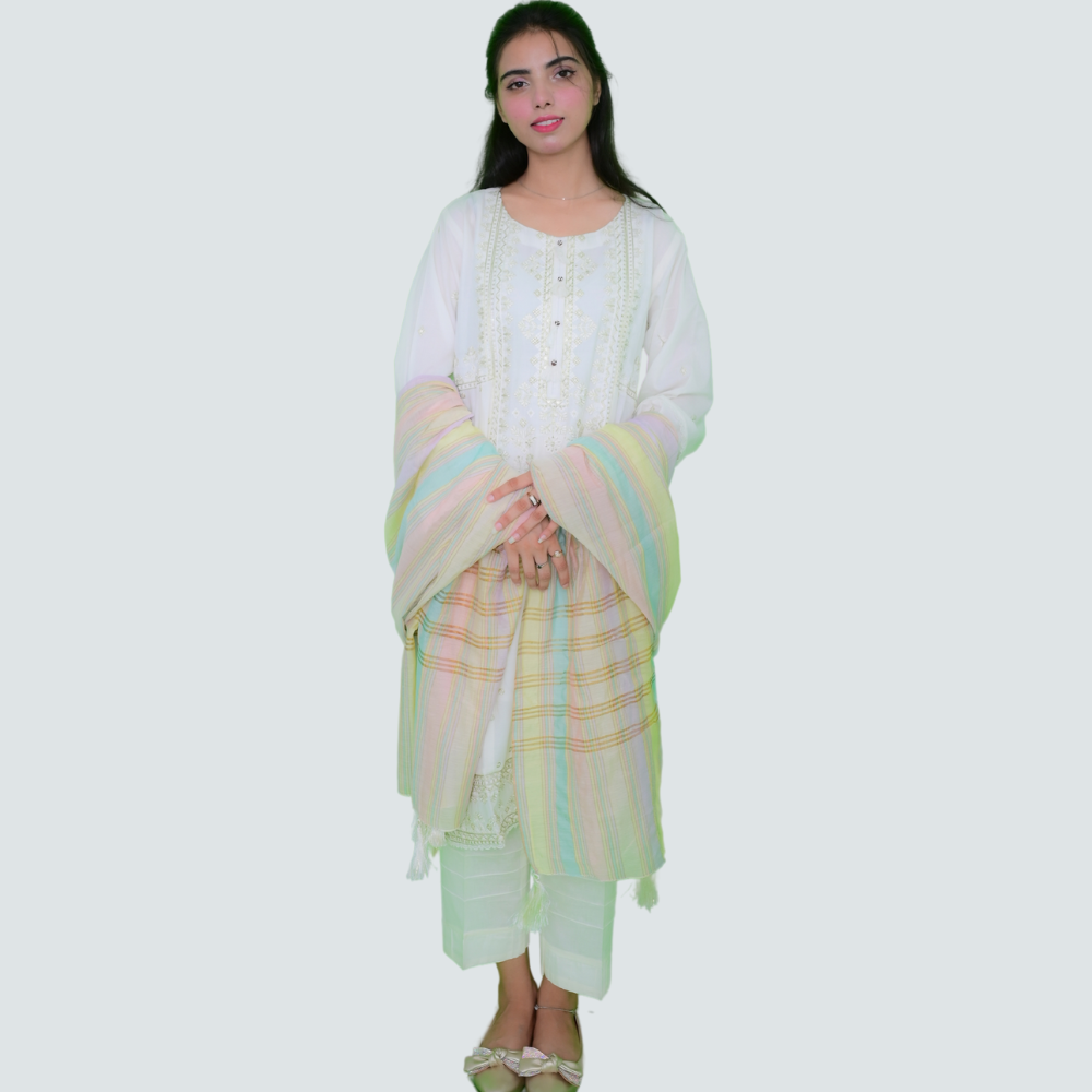 Kirpik Women's White Embroidered Suit with Multi-Colored Dupatta