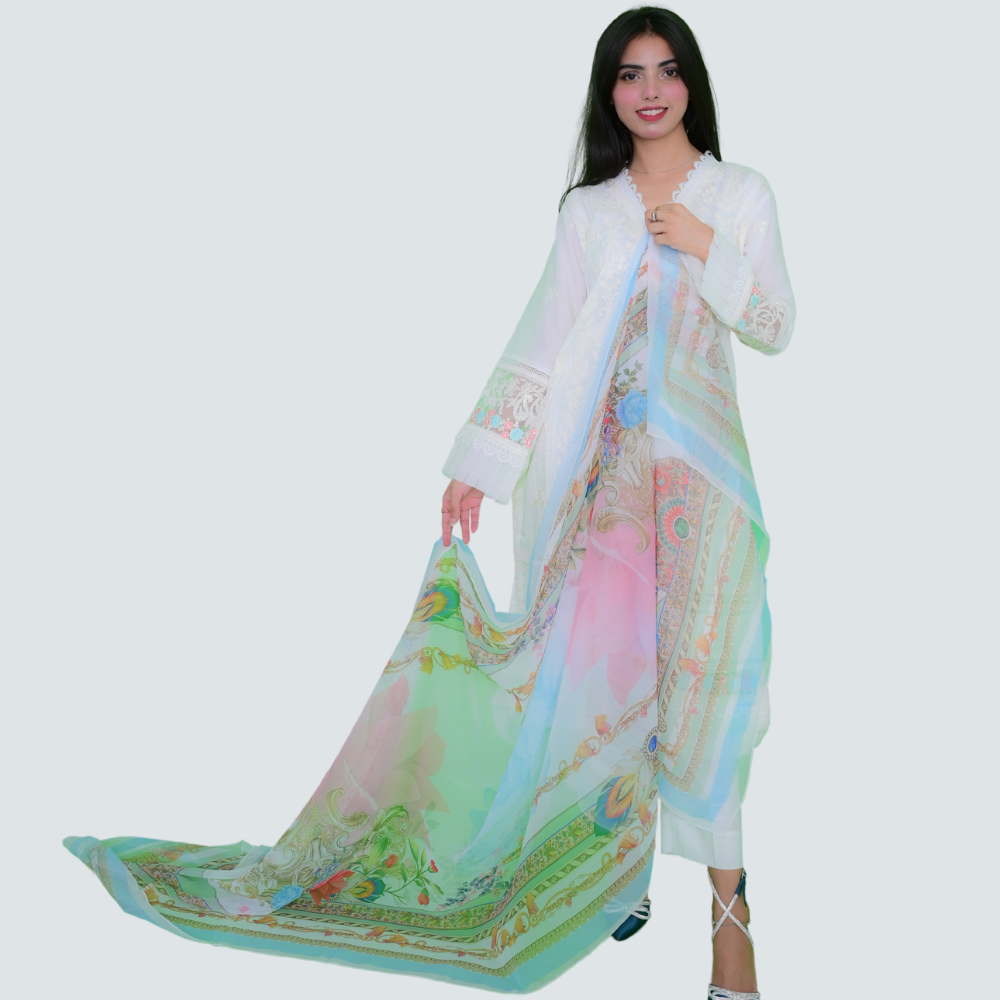 Kirpik Women's White Embroidered Suit with Multi-Colored Dupatta