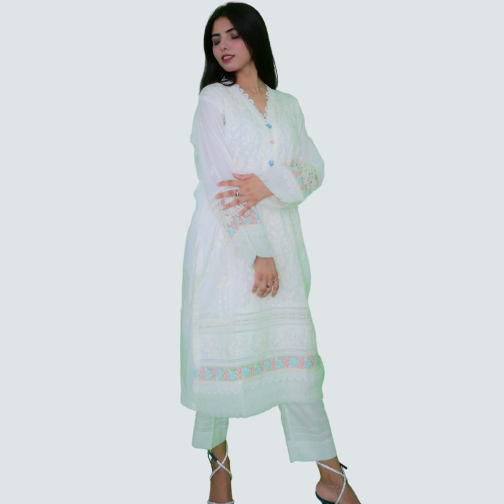 Kirpik Women's White Embroidered Suit with Multi-Colored Dupatta